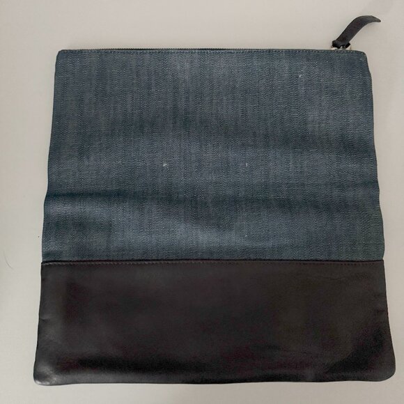 CLARE V Denim and Black Leather Foldover Clutch